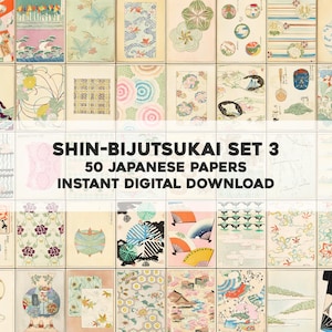 Può includere: Una collezione di 50 carte giapponesi con vari disegni, tra cui motivi floreali, ventagli e forme geometriche. Le carte sono in una varietà di colori, come blu, rosa, verde e giallo. Il testo "SHIN-BIJUTSUKAI SET 3" e "50 JAPANESE PAPERS INSTANT DIGITAL DOWNLOAD" è visualizzato.