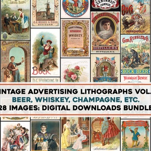 May include: A collection of 28 vintage advertising lithographs featuring images of beer, whiskey, and champagne. The lithographs are colorful and feature a variety of designs, including illustrations of people, animals, and buildings. The text on the lithographs includes the names of the products, the companies that produced them, and the locations where they were sold.  The lithographs are in a digital download bundle.