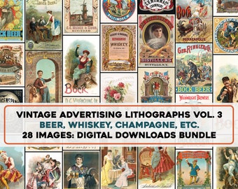 28 Vintage 1800s Cerveza Alcohol Licor Vol. 3 Anuncios impresos en litografía / Paquete de imágenes de alta resolución / Descarga digital Uso comercial