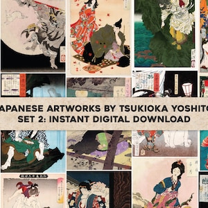 May include: A collage of 29 Japanese artworks by Tsukioka Yoshitoshi. The images are in a variety of styles and depict scenes from Japanese mythology, history, and everyday life. The title "29 JAPANESE ARTWORKS BY TSUKIOKA YOSHITOSHI SET 2: INSTANT DIGITAL DOWNLOAD" is displayed at the top of the collage.