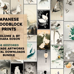 Könnte beinhalten: Eine Collage aus 38 restaurierten japanischen Holzschnitten aus der Zeit von Ohara Koson. Die Drucke zeigen verschiedene Motive, darunter Vögel, Blumen, Landschaften und Fische. Die Drucke sind in einem Raster angeordnet und alle farbig.