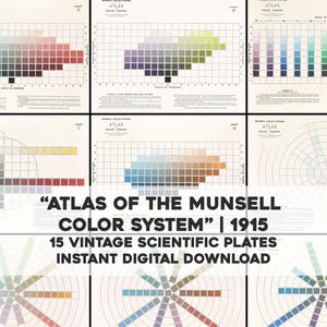 May include: A collection of vintage scientific plates from the "Atlas of the Munsell Color System" from 1915. The charts display color variations in grids and radial patterns. The text includes "Atlas", "Color Charts", and "Instant Digital Download".