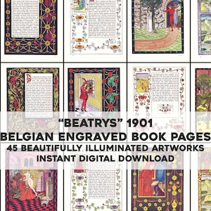 May include: A selection of antique Belgian engraved book pages from 1901, showcasing 45 beautifully illuminated artworks. The pages have ornate borders and illustrations in various colours. The text "BEATRYS" 1901, and "BELGIAN ENGRAVED BOOK PAGES" are visible.