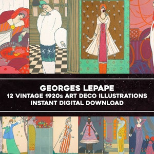 Può includere: Un collage di 12 illustrazioni vintage di Georges Lepape, con donne vestite con abiti in stile Art Déco. Le illustrazioni sono in una varietà di colori, tra cui rosa, rosso, verde e blu. Il testo "Georges Lepape 12 Illustrazioni Art Déco Vintage degli anni '20 Download digitale istantaneo" è in cima al collage.