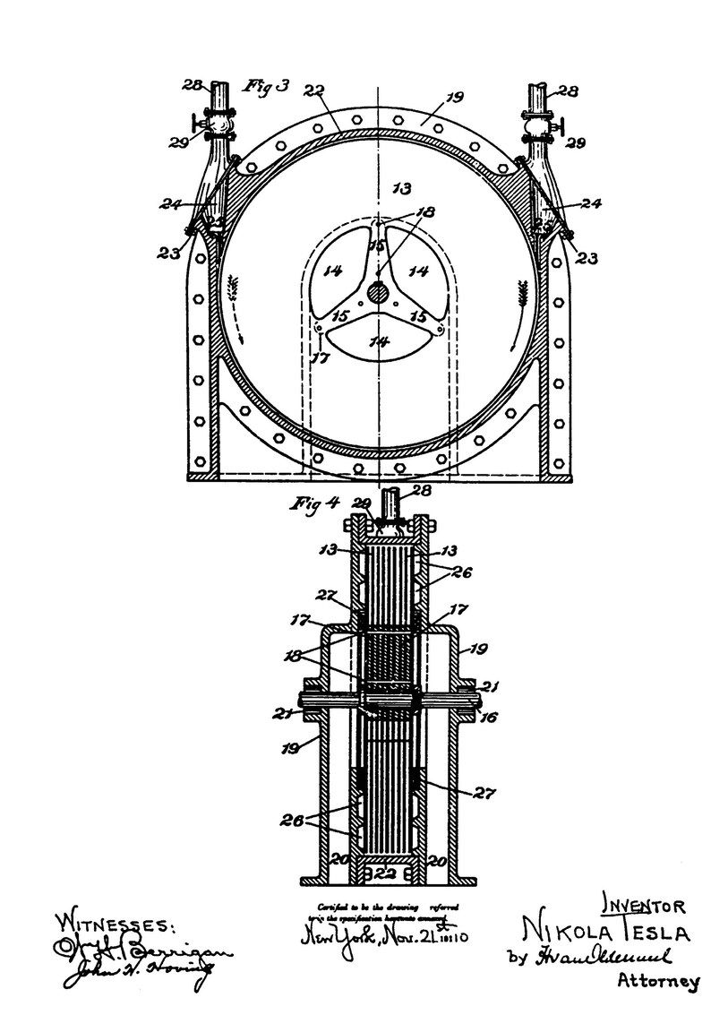 May include: A black and white line drawing of a scientific apparatus, possibly a Tesla coil, with numbered components. The drawing is labeled "Fig. 4" and includes the text "Inventor Nikola Tesla by Ivan Iltenuul Attorney".
