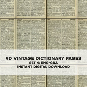 May include: A set of 90 vintage dictionary pages, featuring words from ENG to GRA. The pages are printed in black and white on a cream-colored paper. The text is in a traditional font style.  The pages are perfect for crafting, scrapbooking, or adding a vintage touch to your projects.
