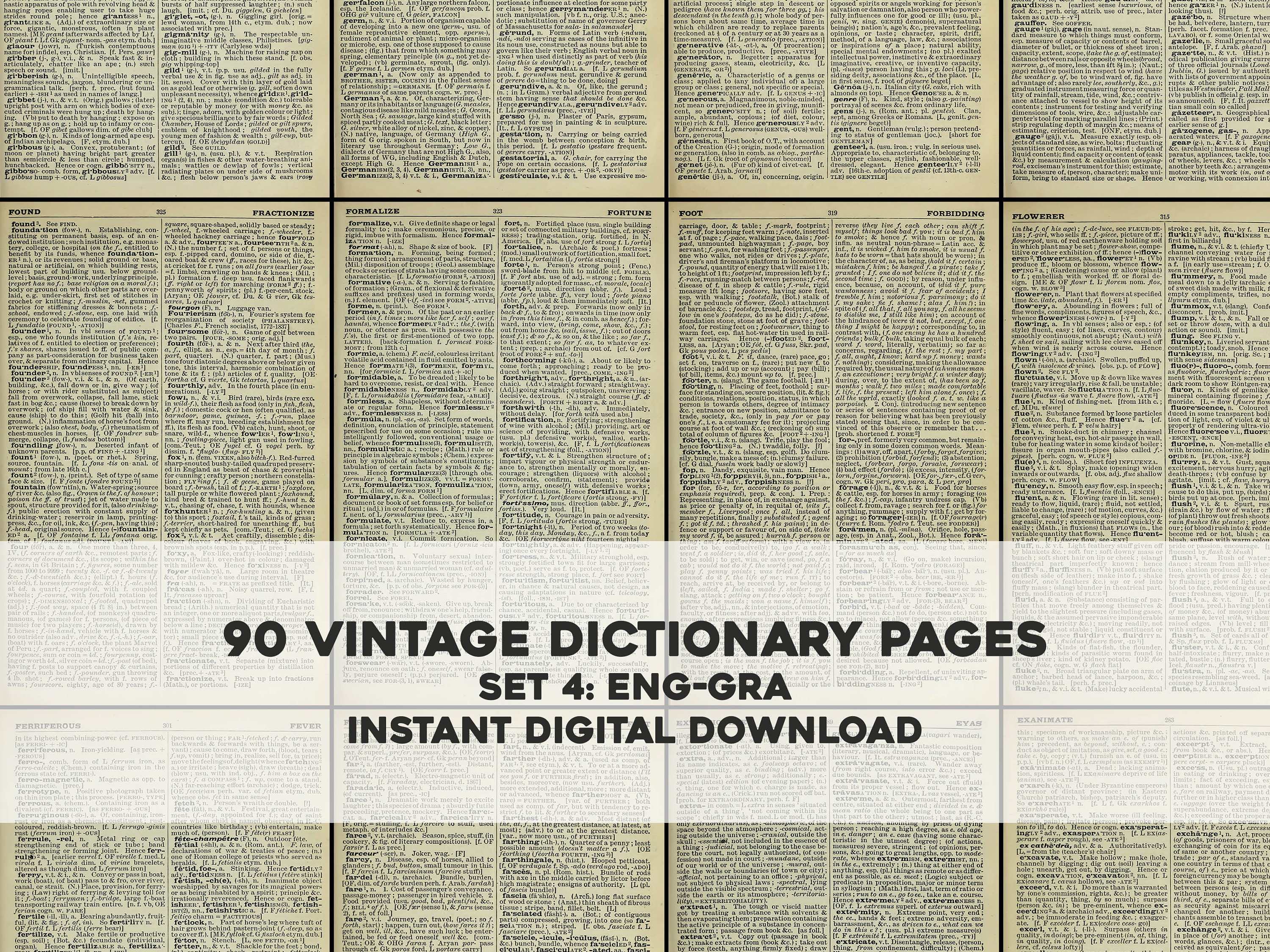 90 Vintage English Dictionary Pages Set 4 ENG-GRA | HQ Image Resource Bundle | Instant Digital Download Commercial Use