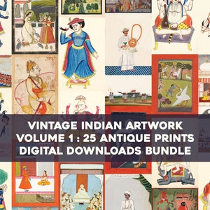 May include: A collage of 25 vintage Indian artwork prints, featuring colorful illustrations of deities, people, and scenes from Indian mythology and culture. The prints are in a variety of styles, including Mughal, Rajput, and Pahari. The title "Vintage Indian Artwork Volume 1: 25 Antique Prints Digital Downloads Bundle" is displayed at the bottom of the collage.
