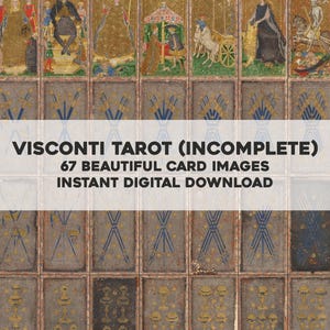 May include: Digital download of Visconti Tarot card images. The image shows a grid of tarot cards with detailed illustrations and gold accents. The text overlay reads "Visconti Tarot (Incomplete)" and "67 Beautiful Card Images Instant Digital Download."