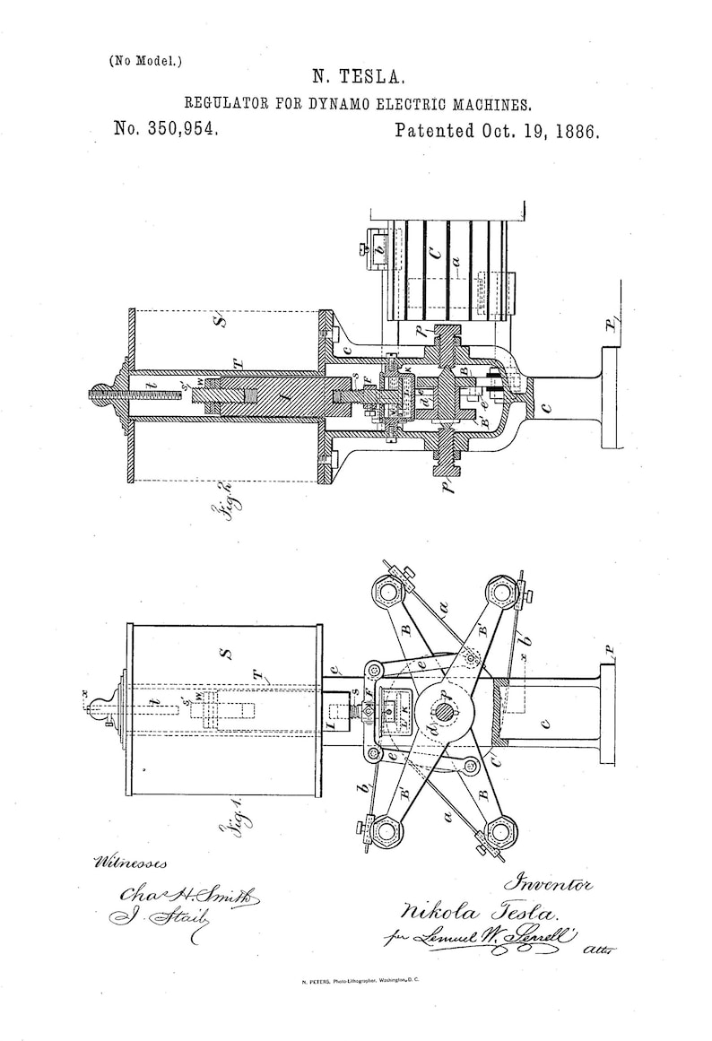 May include: A black and white line drawing of a regulator for dynamo electric machines. The drawing shows the internal workings of the regulator, including gears, levers, and other mechanical components. The drawing is labeled with numbers and letters to identify the different parts. The drawing is dated October 19, 1886, and is signed by Nikola Tesla, the inventor.