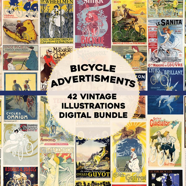 Vintage Bicycle Cycling Ads | HQ Image Bundle Printable Wall Art | Magazine Graphic Poster Ads Instant Digital Download Commercial Use