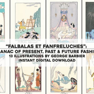 Könnte beinhalten: Eine Collage aus 13 Illustrationen von George Barbier mit dem Titel "Falbalas et Fanfreluches: Almanach der gegenwärtigen, vergangenen und zukünftigen Moden". Die Illustrationen zeigen verschiedene Szenen aus Mode und gesellschaftlichem Leben zu Beginn des 20. Jahrhunderts.