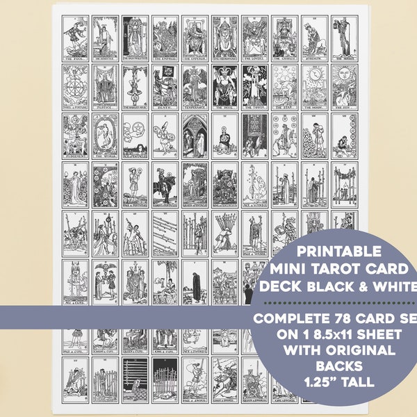 Printable Mini Tarot Card Full Deck Black & White | 8.5x11 Sheet | Complete 78 Cards + Additional Sheet with Original Backs Instant Download
