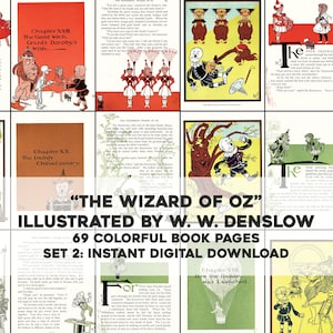 May include: A collage of 69 colorful book pages from "The Wizard of Oz" illustrated by W. W. Denslow. The pages feature illustrations of characters like Dorothy, the Scarecrow, the Tin Man, and the Cowardly Lion. The text on the pages includes chapter titles like "The Good Witch Grants Dorothy's Wish" and "How the Balloon was Launched."