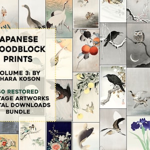 Ohara Koson Band 3 Holzschnitte Druckbare Wandbilder Bundle | Vintage Vögel, Fische, Blumen, botanischer digitaler Download kommerzielle Nutzung
