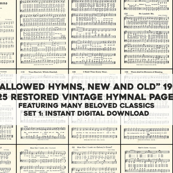 125 Hymn Pages from an Old 1909 Hymnal, Restored Vintage Sheet Music | Printable Wall Art Bundle | Instant Digital Download Commercial Use 1