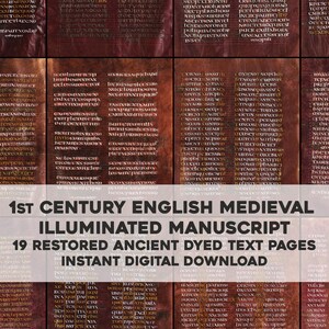 Op de afbeelding: Een digitale download van 19 gerestaureerde, oude, geverfde tekstpagina's uit een verlicht Engels middeleeuws manuscript uit de 1e eeuw. De pagina's zijn diep rood met gouden letters.