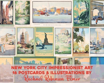 New York City Impressionist Illustrations Printable Wall Art Bundle Vintage NYC Postcard Tourism Liberty Digital Download Commercial Use