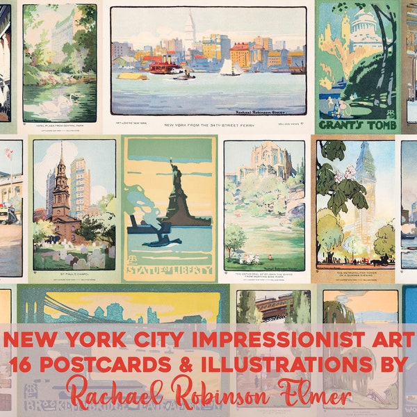 New York City Impressionist Illustrations Printable Wall Art Bundle Vintage NYC Postcard Tourism Liberty Digital Download Commercial Use
