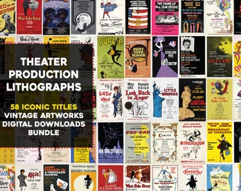 58 Old Theater Production Lithographs Image Bundle Printable Wall Art Collage Instant Digital Download Commercial Use play musical poster