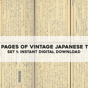 Puede incluir: Una descarga digital de 100 páginas de tipografía japonesa vintage. Las páginas están llenas de texto en una variedad de fuentes y estilos. El texto es en blanco y negro y las páginas son de color crema. El texto incluye las palabras "100 PÁGINAS DE TIPOGRAFÍA JAPONESA VINTAGE" y "CONJUNTO 1: DESCARGA DIGITAL INSTANTÁNEA".