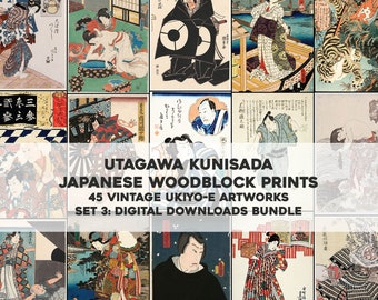 May include: A collage of 45 vintage Japanese woodblock prints by Utagawa Kunisada. The prints feature a variety of subjects, including people, landscapes, and animals. The prints are in a variety of colors, including black, white, red, blue, and green. The prints are arranged in a grid pattern. The text "UTAGAWA KUNISADA JAPANESE WOODBLOCK PRINTS 45 VINTAGE UKIYO-E ARTWORKS SET 3: DIGITAL DOWNLOADS BUNDLE" is displayed at the bottom of the collage.