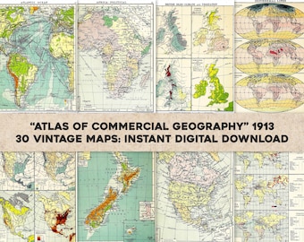 30 Cool Vintage Country & World Maps, Charts from 1913 Atlas | Image/Printable Wall Art Bundle | Instant Digital Download Commercial Use