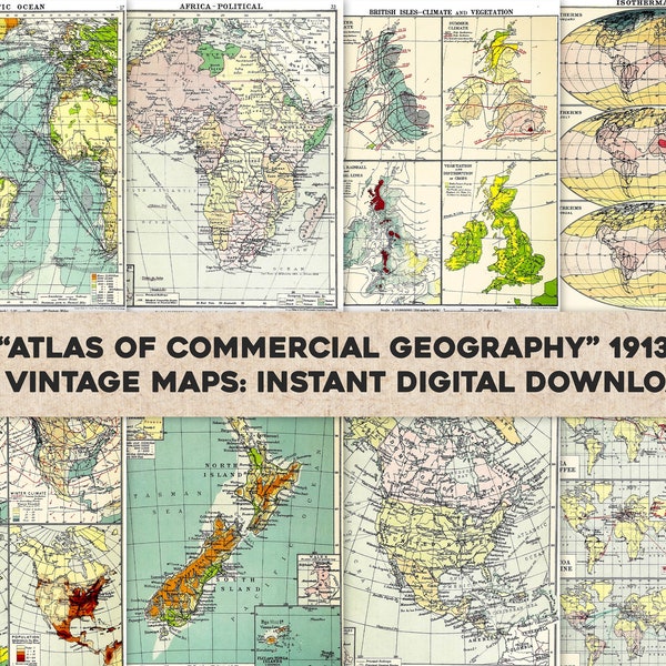 30 Cool Vintage Country & World Maps, Charts from 1913 Atlas | Image/Printable Wall Art Bundle | Instant Digital Download Commercial Use