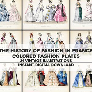 フランス女性のファッションイラストの歴史 | 21 枚のビンテージ ステンド イメージ バンドル 印刷可能なアート | インスタント デジタル ダウンロード 商用利用可