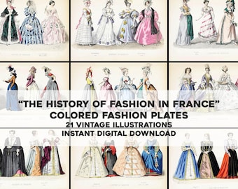Ilustraciones de moda de mujeres francesas de la historia / Paquete de 21 imágenes vintage con manchas para imprimir / Descarga digital instantánea para uso comercial