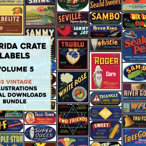 May include: A collection of vintage Florida crate labels, Volume 5, featuring 83 illustrations available as digital downloads. The labels showcase colorful designs and text, including fruit and vegetable brands.