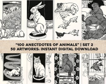Set 2 of 100 Anecdotes of Animals Black & White Illustrations | HQ Image Bundle Printable Wall Art | Instant Digital Download Commercial Use