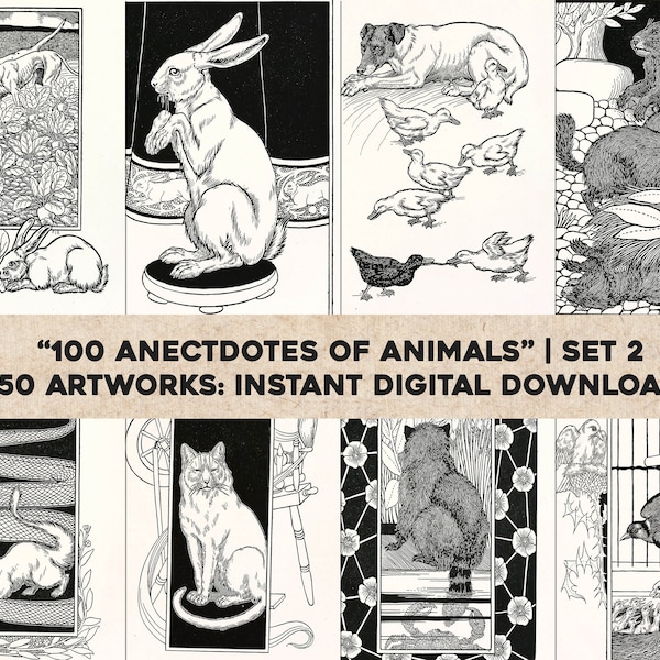 Set 2 of 100 Anecdotes of Animals Black & White Illustrations | HQ Image Bundle Printable Wall Art | Instant Digital Download Commercial Use