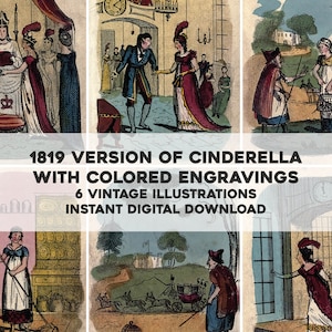 19tes Jahrhundert Cinderella Illustrationen | 6 Vintage Distressed Bilder | Sofortiger digitaler Download für kommerzielle Nutzung