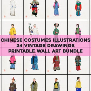 Pode incluir: Um conjunto de 24 ilustra&ccedil;&otilde;es de arte de parede imprim&iacute;veis que apresentam desenhos vintage de pessoas com trajes tradicionais chineses. As ilustra&ccedil;&otilde;es s&atilde;o de v&aacute;rias cores e estilos, e seriam uma &oacute;tima adi&ccedil;&atilde;o a qualquer decora&ccedil;&atilde;o de casa.
