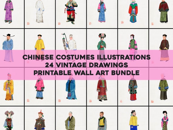 Chinese Costume Illustrations Printable Wall Art Bundle Vintage Asian Oriental Dress Paper Doll Fashion Digital Download Commercial Use