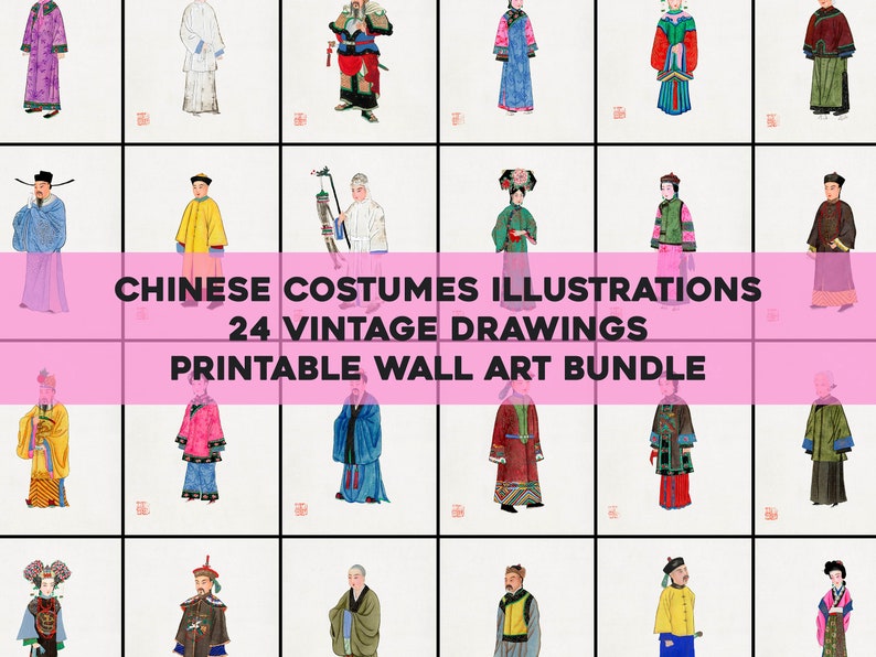 Pode incluir: Um conjunto de 24 ilustra&ccedil;&otilde;es de arte de parede imprim&iacute;veis que apresentam desenhos vintage de pessoas com trajes tradicionais chineses. As ilustra&ccedil;&otilde;es s&atilde;o de v&aacute;rias cores e estilos, e seriam uma &oacute;tima adi&ccedil;&atilde;o a qualquer decora&ccedil;&atilde;o de casa.