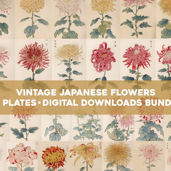 Japanese Flowers Botanical Illustrations Printable Wall Art Bundle Digital Download Chinese Tokyo Floral Woodblock Prints Commercial Use