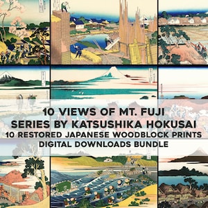 10 widoków góry Fuji Hokusai Japońskie drzeworyty | Pakiet obrazów HQ Wydrukowana sztuka ścienna | Natychmiastowe pobieranie cyfrowe Wykorzystanie komercyjne