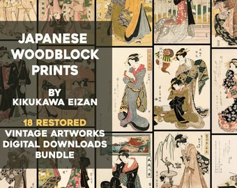 May include: A collage of 18 restored vintage Japanese woodblock prints by Kikukawa Eizan. The prints feature women in traditional clothing and various scenes, including landscapes and flowers. The text "18 RESTORED VINTAGE ARTWORKS DIGITAL DOWNLOADS BUNDLE" is displayed on the image.
