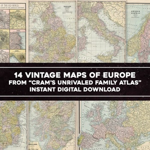 14 Vintage Karten der europäischen Länder 1889 Familienweltatlas | HQ Bild/Druckbare Wandkunst Bundle | Sofortiger digitaler Download Kommerzielle Nutzung