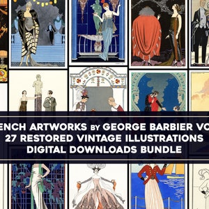 以下が含まれることがあります： ジョージ・バルビエによる、復元されたヴィンテージイラスト27点のコラージュ。イラストはフランスのアール・デコ様式で、エレガントな服装をした女性が描かれています。コラージュの下部には、「French Artworks by George Barbier Vol 1 27 Restored Vintage Illustrations Digital Downloads Bundle」というタイトルが表示されています。