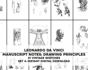 41 Leonardo Da Vinci Manuscript Drawing Sketches Diagrams Set 4 | Image Bundle Printable Wall Art | Instant Digital Download Commercial Use