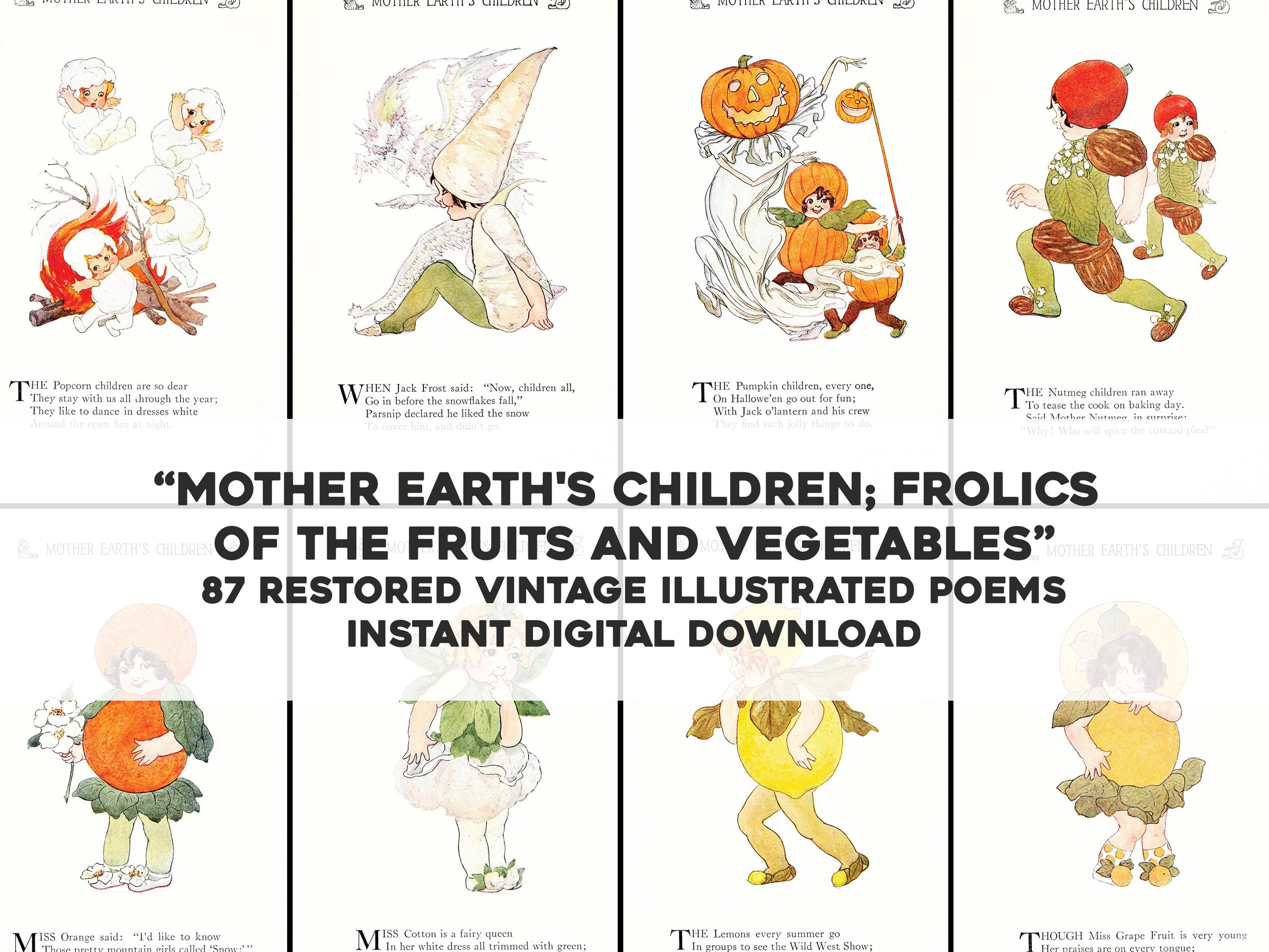 87 Mother Earth's Children Cute Fruit & Vegetable Illustrations | Restored Vintage Image Bundle | Instant Digital Download Commercial Use