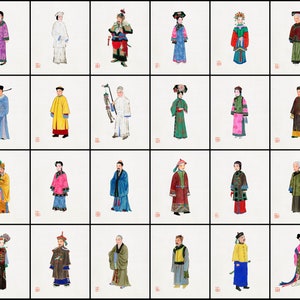 Pode incluir: Uma cole&ccedil;&atilde;o de 18 ilustra&ccedil;&otilde;es que retratam pessoas vestindo roupas tradicionais chinesas. As ilustra&ccedil;&otilde;es s&atilde;o pintadas em uma variedade de cores, incluindo vermelho, azul, verde, amarelo e branco. As pessoas s&atilde;o retratadas em v&aacute;rias poses, algumas em p&eacute;, algumas sentadas e algumas segurando objetos.