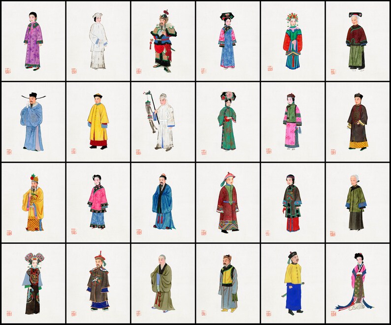 Pode incluir: Uma cole&ccedil;&atilde;o de 18 ilustra&ccedil;&otilde;es que retratam pessoas vestindo roupas tradicionais chinesas. As ilustra&ccedil;&otilde;es s&atilde;o pintadas em uma variedade de cores, incluindo vermelho, azul, verde, amarelo e branco. As pessoas s&atilde;o retratadas em v&aacute;rias poses, algumas em p&eacute;, algumas sentadas e algumas segurando objetos.