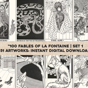 50 Fabeln von La Fontaine Schwarz & Weiß Illustrationen | HQ Image Bundle druckbare Wandkunst | Sofortiger digitaler Download Kommerzielle Nutzung 1