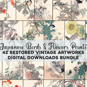 May include: A collage of 42 restored vintage Japanese bird and flower prints. The prints feature a variety of birds, flowers, and plants, all rendered in a delicate and detailed style. The prints are perfect for adding a touch of traditional Japanese art to your home decor.