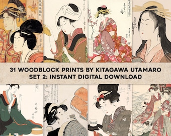 May include: A set of 31 digital woodblock prints by Kitagawa Utamaro. The prints feature women in traditional Japanese clothing and hairstyles. The prints are in a variety of colors, including red, blue, green, and yellow. The prints are perfect for adding a touch of Japanese culture to your home decor.