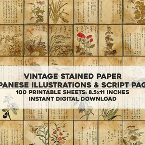 May include: A digital download of 100 printable sheets featuring vintage Japanese illustrations and script pages. The pages are stained and have a rustic, aged look. Each sheet is 8.5 inches by 11 inches.